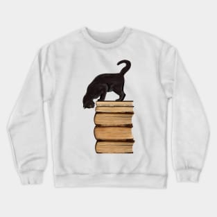 Curious Black Cat on Old Books for Literary Cat Lovers Crewneck Sweatshirt